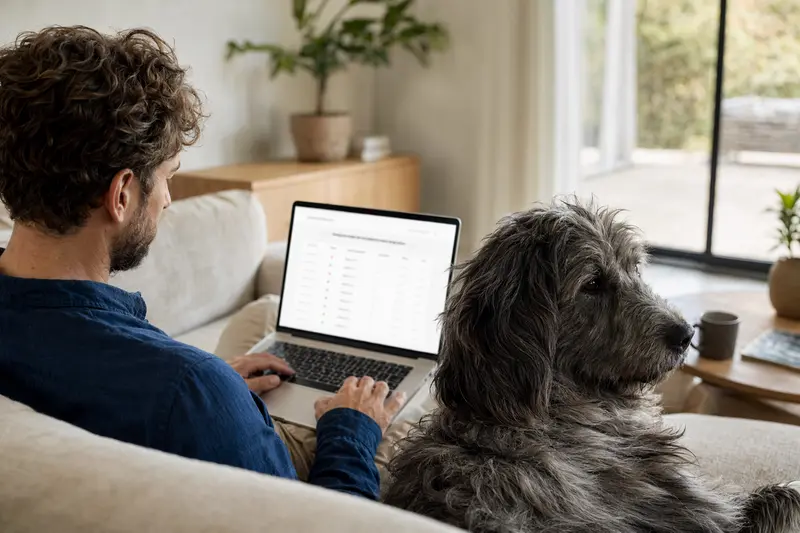 Ein Besitzer sitzt mit einem Laptop auf dem Sofa, während ein Berger de la Crau Hund neben ihm liegt, und sie sich mit Tierversicherungen beschäftigen.