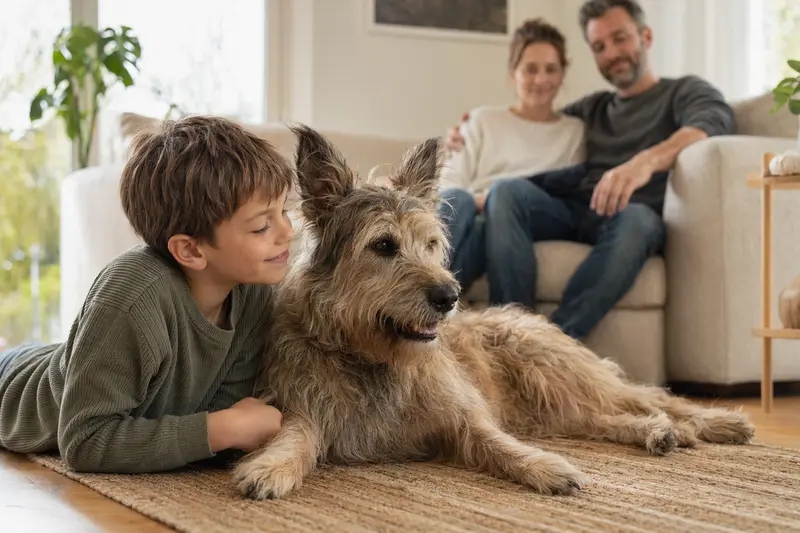 Ein Berger de Picardie Hund liegt entspannt neben einem Kind im Wohnzimmer und sorgt für eine harmonische Familienatmosphäre.