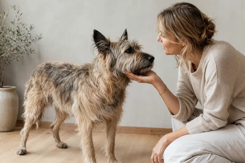 Aufmerksamer Berger de Picardie Hund vor hellem Hintergrund, der typisch für die Rasse ist.