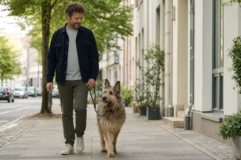 Ein Berger de Picardie Hund läuft an der Leine mit seinem Besitzer durch eine moderne Stadtstraße.