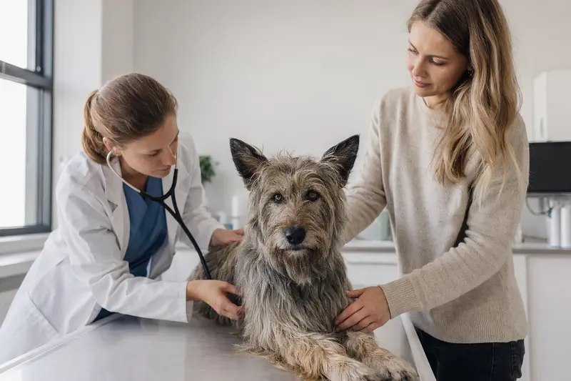 Ein freundlicher Berger de Picardie Hund wird in einer modernen Tierarztpraxis von einer Tierärztin mit Stethoskop untersucht.
