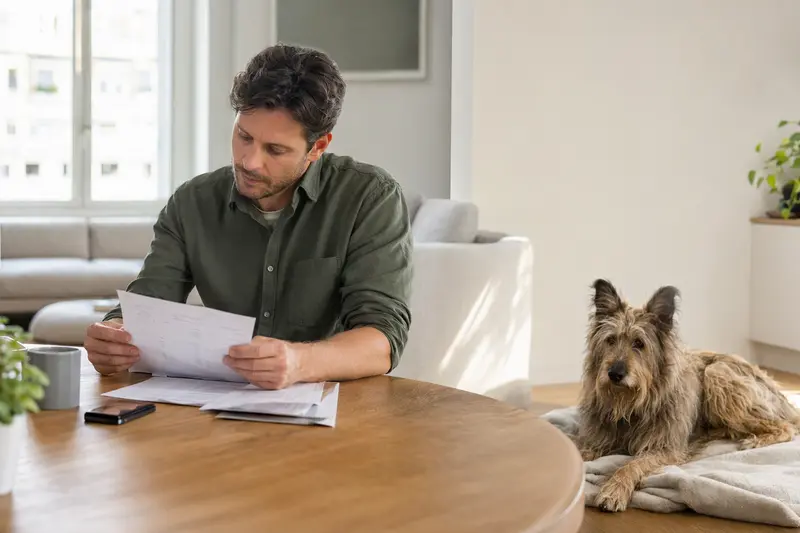 Ein Hundebesitzer sitzt mit einer Tierarztrechnung am Tisch, während ein entspannter Berger de Picardie auf einer Decke daneben liegt.