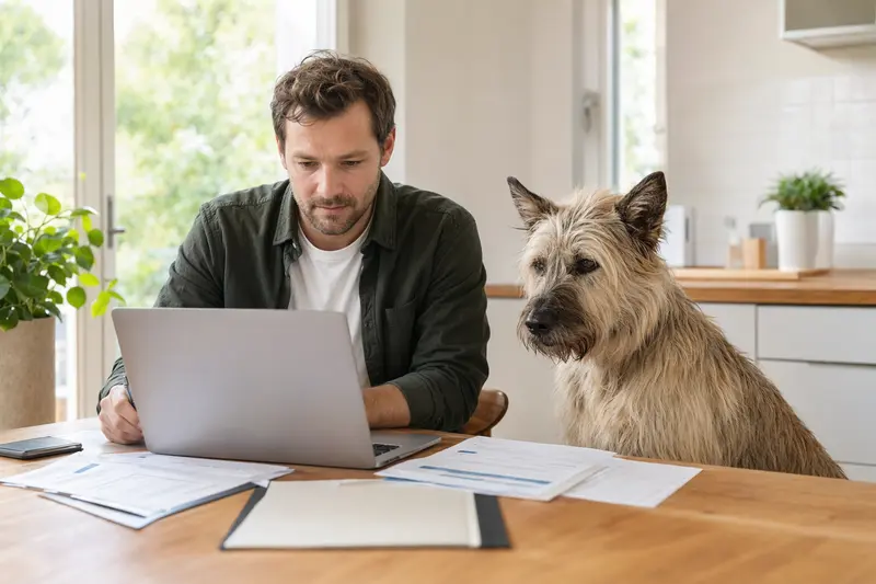 Ein Berger de Picardie Hund sitzt neben seinem Besitzer am Küchentisch, auf dem Versicherungsunterlagen und ein Laptop liegen.