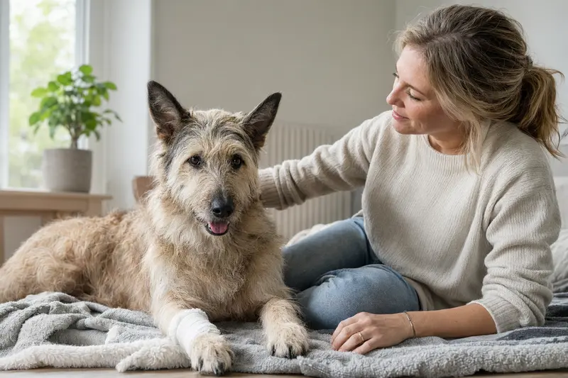Ein beruhigter Berger de Picardie Hund mit leichtem Verband an der Pfote liegt neben seinem erleichterten Besitzer auf einer Decke in einer hellen Wohnung.