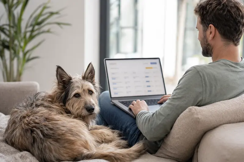 Ein Besitzer arbeitet am Laptop auf dem Sofa, während sein Berger de Picardie Hund neben ihm sitzt und die neutrale Versicherungsvergleichs-Oberfläche auf dem Bildschirm unscharf zeigt.