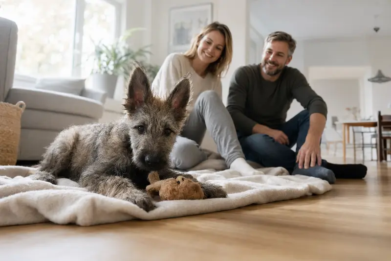 Ein junger Berger de Picardie Welpe erkundet neugierig sein neues Zuhause vor einer liebevollen Familie.