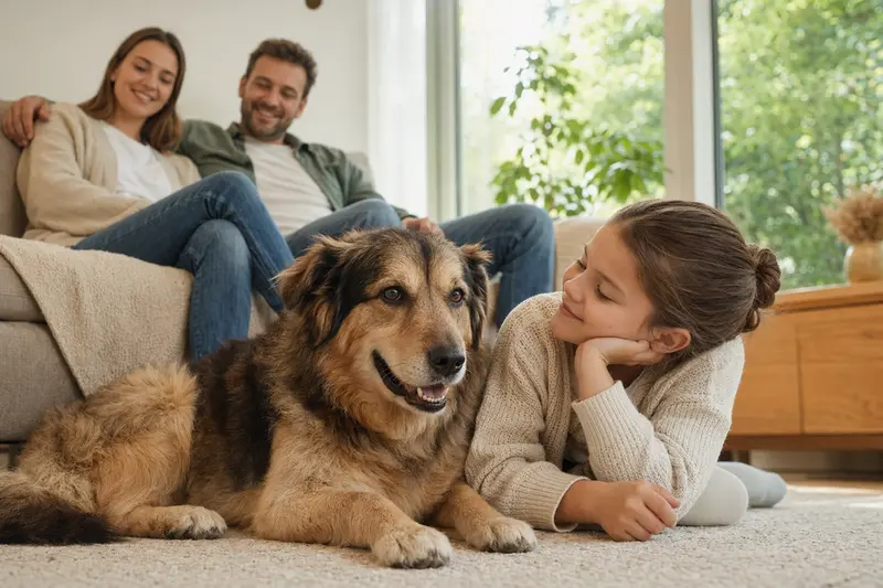 Ein freundlicher Berger de Savoie Hund liegt entspannt neben einem Kind im Wohnzimmer.