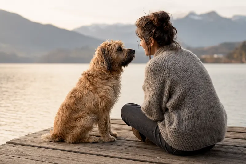 Ein Berger de Savoie Hund steht aufmerksam vor einem neutralen Hintergrund, wodurch seine typische Körperform und Fellstruktur deutlich zur Geltung kommen.