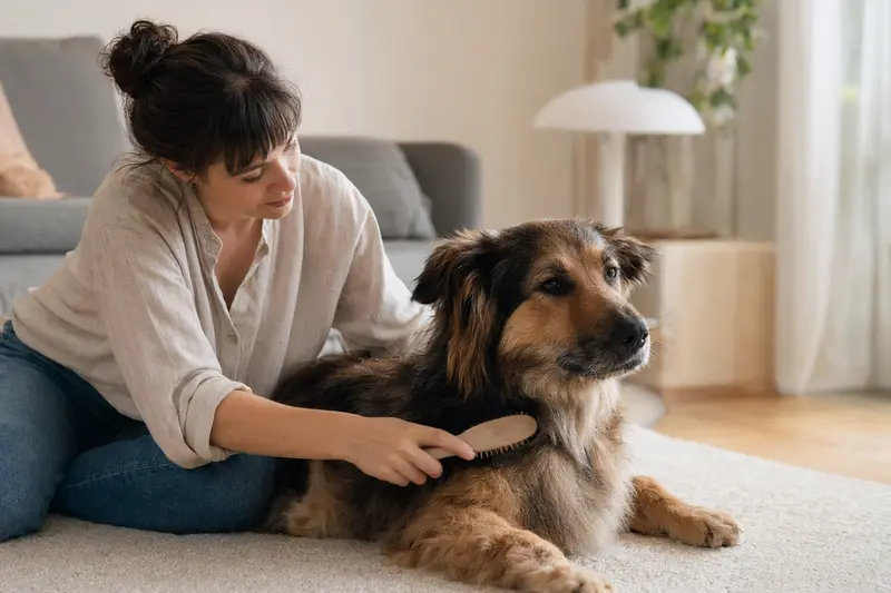 Ein liebevoller Besitzer bürstet seinen Berger de Savoie in einer hellen Wohnung.