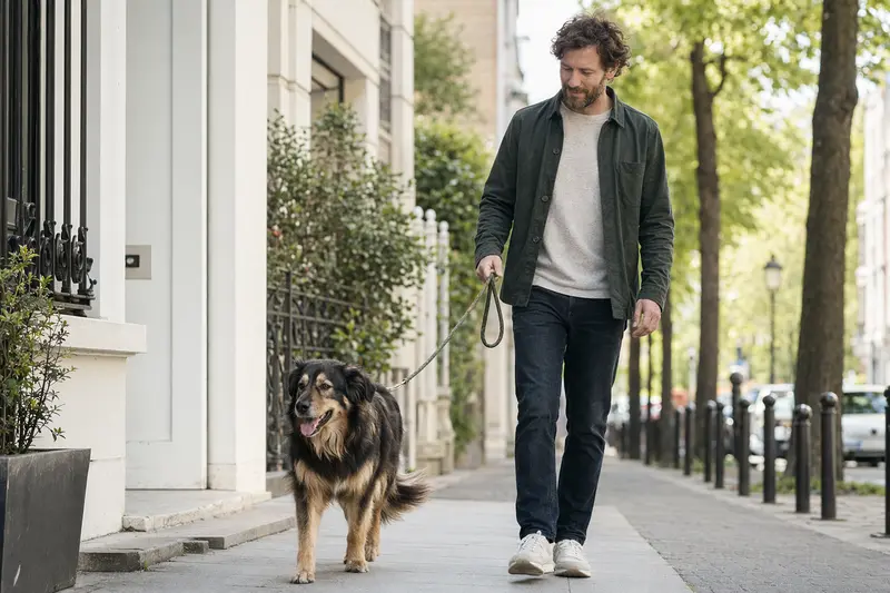 Ein Berger de Savoie Hund läuft an der Leine mit seinem Besitzer durch eine moderne Stadtstraße in entspannter Atmosphäre.