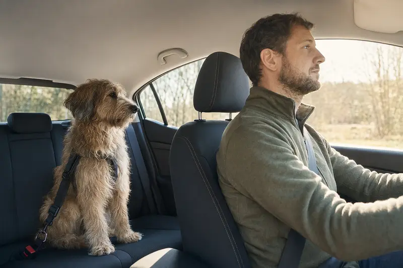 Ein Berger de Savoie Hund sitzt sicher im Auto und genießt die Fahrt mit seinem Besitzer.