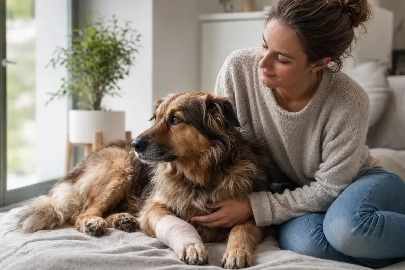 Ein beruhigter Berger de Savoie Hund mit Verband an der Pfote liegt auf einer Decke neben seinem erleichterten Besitzer.