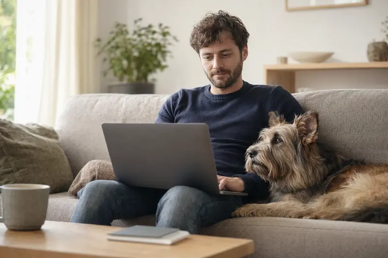 Ein Hundebesitzer sitzt auf dem Sofa mit Laptop, während ein Berger de Savoie Hund neben ihm entspannt.