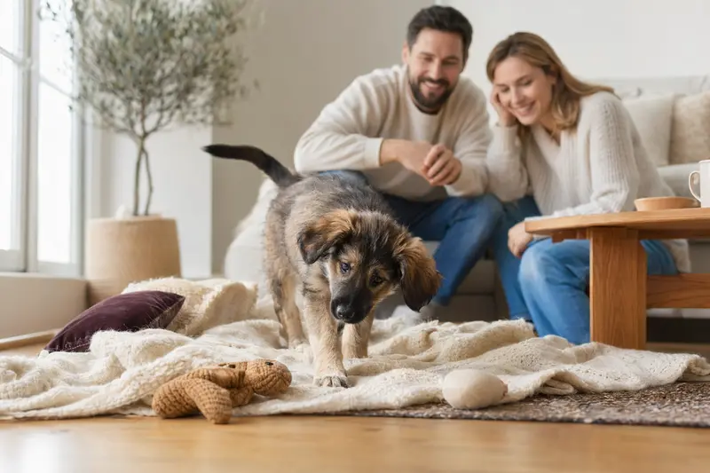 Ein neugieriger Berger de Savoie Welpe erkundet sein neues Zuhause mit weicher Decke und Spielzeug, während eine liebevolle Familie im Hintergrund zu sehen ist.