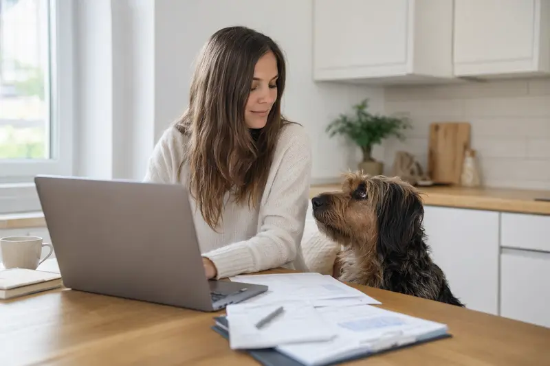 Ein Berger des Cevennes Hund sitzt gelassen neben seinem Besitzer am Küchentisch mit Versicherungsunterlagen und einem Laptop.