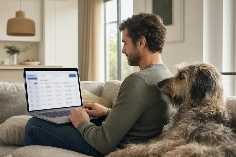 Ein Hundehalter sitzt mit einem Laptop auf dem Sofa, während ein Berger des Cevennes neben ihm liegt, umgeben von einer ruhigen und hellen Wohnatmosphäre.
