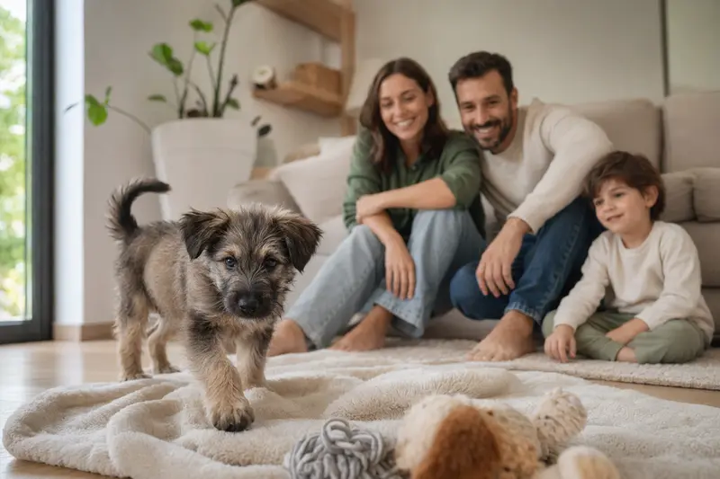 Ein junger Berger des Cevennes Welpe erkundet neugierig sein neues Zuhause mit einer liebevollen Familie im Hintergrund.