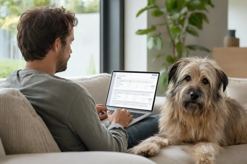 Ein Hundebesitzer mit einem Berger des Pyrénées à face rase sitzt mit einem Laptop auf dem Sofa in einer hellen Wohnung und betrachtet einen Versicherungsvergleich.