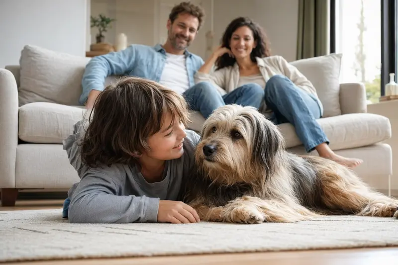 Ein Berger des Pyrénées à poil long liegt entspannt neben einem Kind im Wohnzimmer, während die Eltern im Hintergrund eine sichere Familienatmosphäre schaffen.