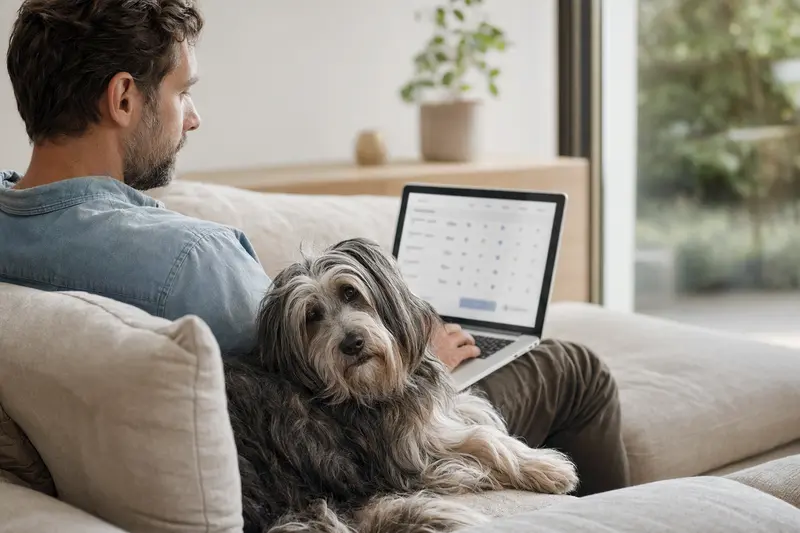 Ein Hundebesitzer nutzt seinen Laptop auf dem Sofa, während ein Berger des Pyrénées à poil long stolz daneben sitzt.