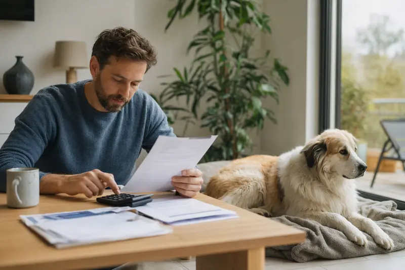 Ein Hundebesitzer sitzt mit einer Tierarztrechnung am Tisch, während ein entspannter Berger des Pyrenees auf einer Decke neben ihm liegt.