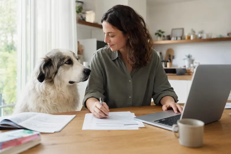 Ein Berger des Pyrenees Hund sitzt ruhig neben seinem Besitzer am Küchentisch, auf dem Versicherungsunterlagen und ein Laptop mit Vergleichsseite liegen.