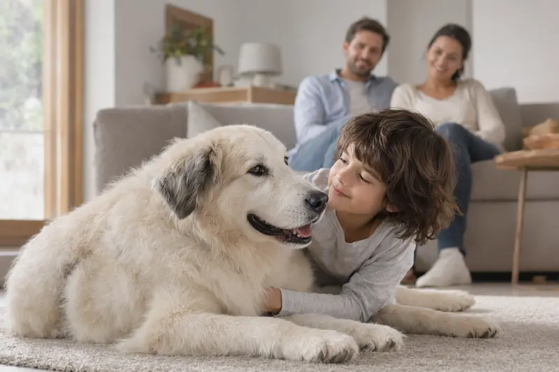 Ein freundlicher Berger des Pyrenees liegt entspannt neben einem Kind im Wohnzimmer, während die Eltern im Hintergrund in einer sicheren Familienatmosphäre stehen.