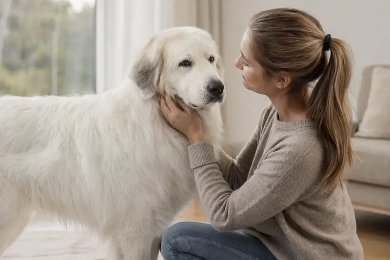 Berger des Pyrénées Hund mit normalem Fang steht aufmerksam vor hellem neutralem Hintergrund.