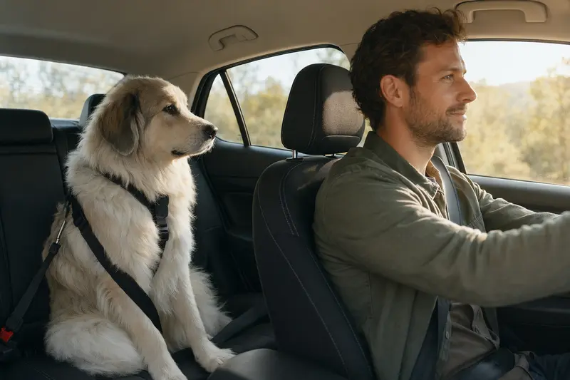 Ein Berger des Pyrenees sitzt sicher angeschnallt auf der Rückbank eines Autos, während der Besitzer ruhig fährt und Sonnenlicht durch das Fenster fällt.