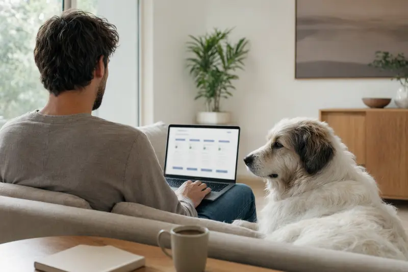 Ein Hundebesitzer mit Laptop auf dem Sofa, neben ihm sitzt ein Berger des Pyrenees und zeigt bewusstes Interesse an der Versicherungsoberfläche.
