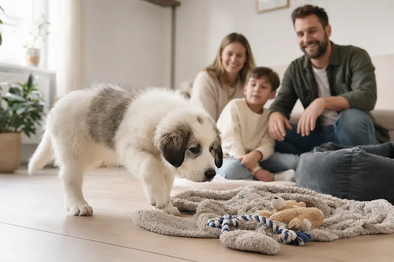 Ein neugieriger Berger des Pyrenees Welpe erkundet seine helle Wohnung mit einer weichen Decke und Spielzeug, liebevolle Familie im Hintergrund.