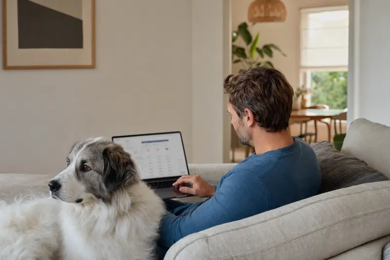 Ein Hundebesitzer entspannt auf dem Sofa mit einem Berger des Pyrenees und einem Laptop, während er sich über Tierversicherungen informiert.