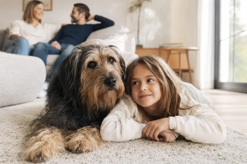 Ein entspannter Berger du Languedoc Hund liegt neben einem Kind im Wohnzimmer und vermittelt ein Gefühl von familiärer Geborgenheit.