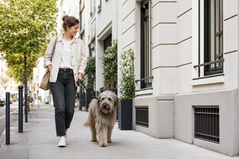 Ein Berger du Languedoc Hund läuft mit seinem Besitzer entspannt an der Leine durch eine moderne Stadtstraße.