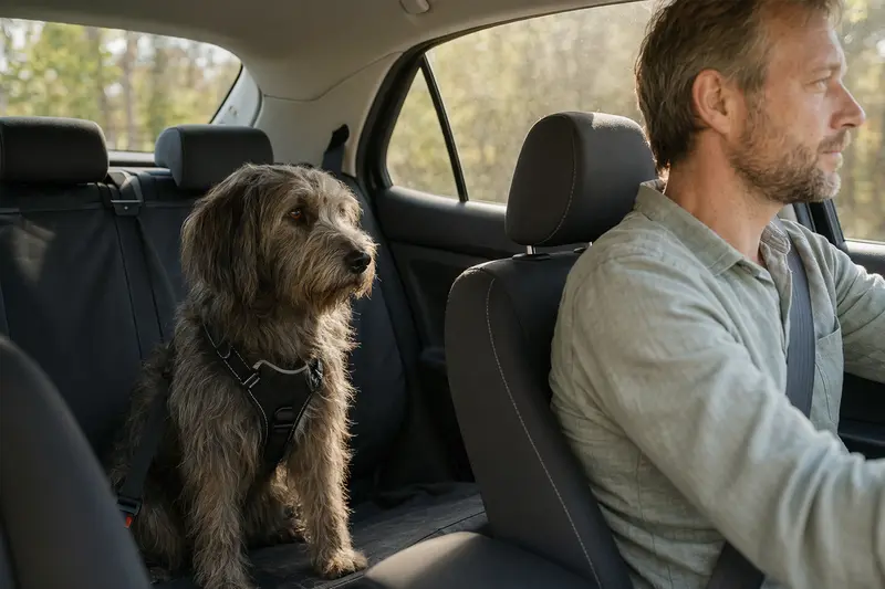 Ein Berger du Languedoc Hund sitzt sicher angeschnallt auf der Rückbank eines Autos.
