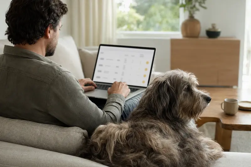 Ein Hundebesitzer arbeitet am Laptop auf dem Sofa, während ein Berger du Languedoc entspannt neben ihm sitzt, was einen modernen, sicheren Raum verkörpert.