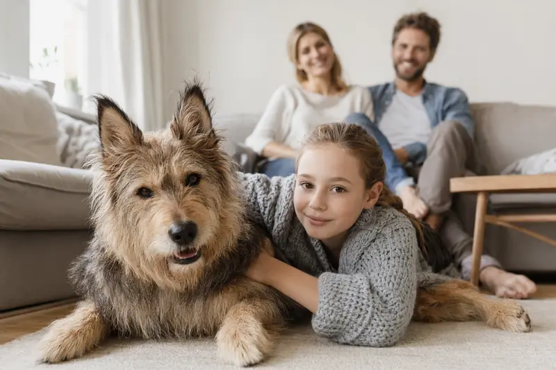 Ein entspannter Berger Picard Hund liegt neben einem Kind im Wohnzimmer und vermittelt ein Gefühl von Sicherheit in einer warmen Familienatmosphäre.