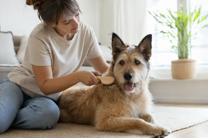 Ein Berger Picard Hund wird liebevoll von seinem Besitzer zuhause gebürstet, serene Umgebung.