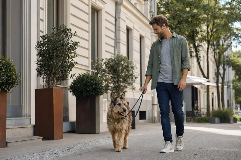 Ein Berger Picard Hund läuft entspannt an der Leine mit seinem Besitzer durch eine moderne Stadtstraße.