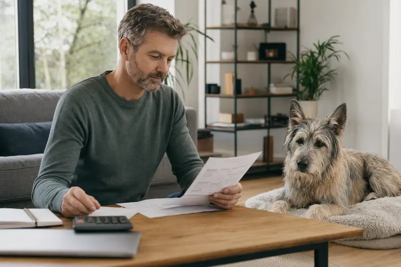 Ein Hundehalter sitzt mit einer Tierarztrechnung am Tisch, während ein entspannter Berger Picard auf einer Decke liegt und die Situation zur Hundekrankenversicherung ruhig wirkt.