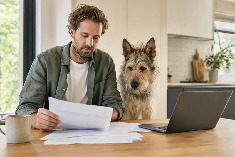 Ein Berger Picard Hund sitzt entspannt neben seinem Besitzer am Küchentisch mit Versicherungsunterlagen.