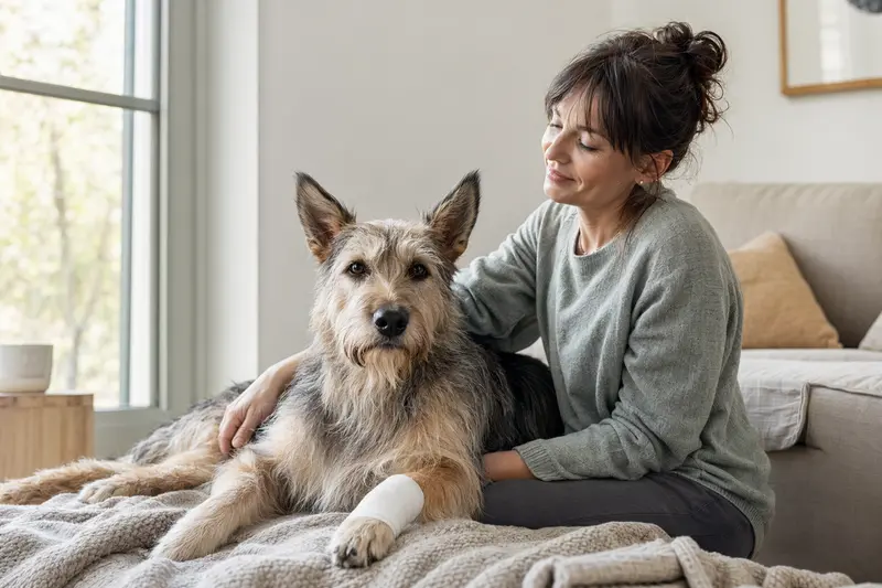 Ein Berger Picard Hund mit Verband an der Pfote liegt entspannt auf einer Decke, während sein Besitzer neben ihm sitzt und erleichtert wirkt.