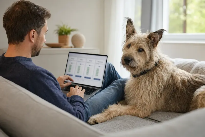 Ein Hundebesitzer mit einem Berger Picard Hund sitzt auf dem Sofa und vergleicht Versicherungen auf dem Laptop.