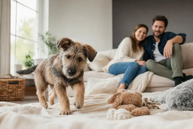 Ein junger Berger Picard Welpe erkundet neugierig sein neues Zuhause mit einer weichen Decke und Spielzeug, während eine liebevolle Familie im Hintergrund zu sehen ist.
