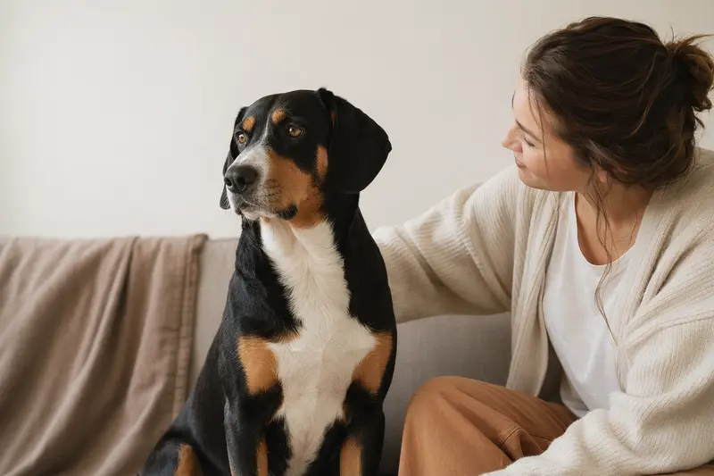 Ein Berner Laufhund steht aufmerksam vor einem hellen Hintergrund und zeigt seine charakteristische Körperform und Fellstruktur.