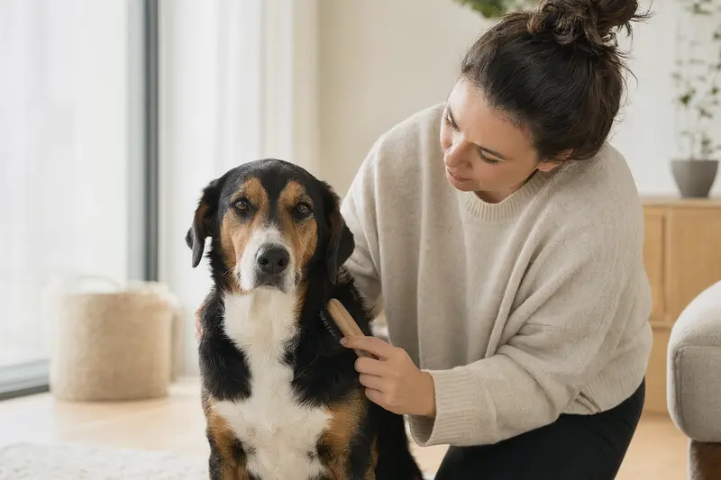 Ein Berner Laufhund wird in einer hellen Wohnung sanft gebürstet, während sein Besitzer liebevoll die Fellpflege übernimmt.