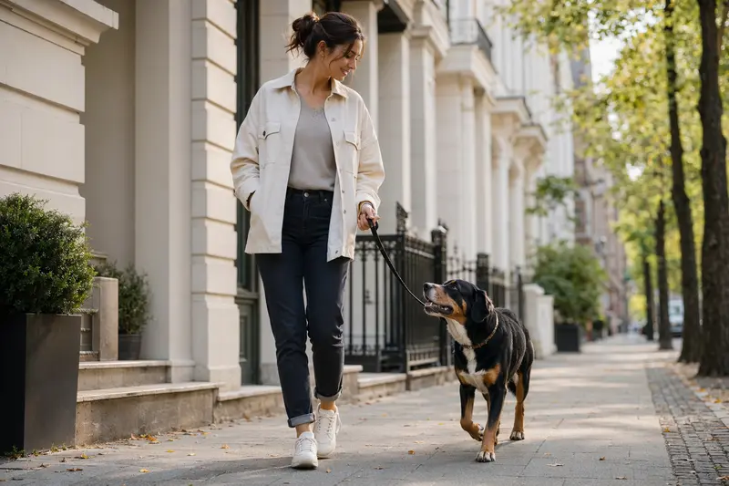 Ein Berner Laufhund läuft an der Leine mit seinem Besitzer durch eine freundliche moderne Stadtstraße.