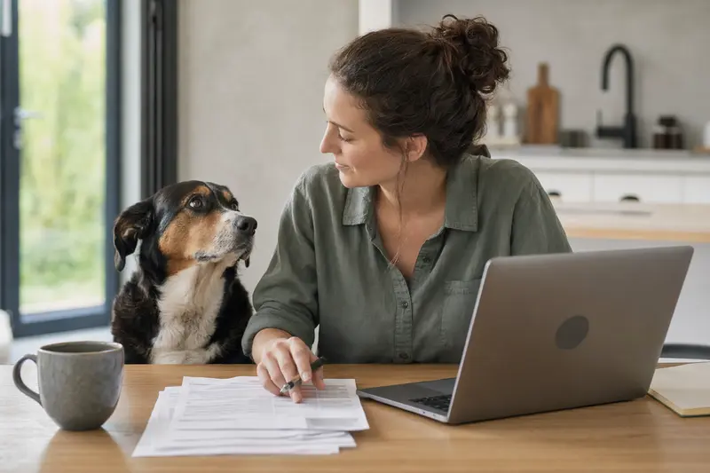 Ein Berner Laufhund sitzt entspannt neben seinem Besitzer am Küchentisch, während Versicherungsunterlagen und ein Laptop auf dem Tisch liegen.