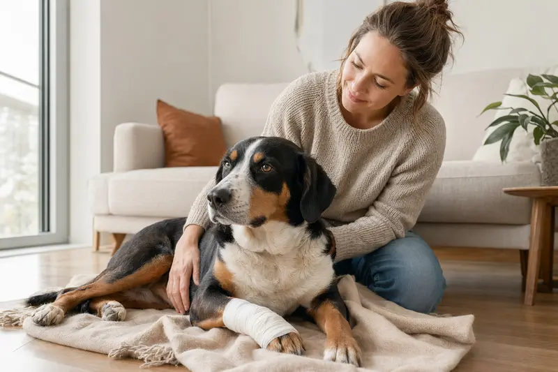 Ein Berner Laufhund mit leichtem Verband an der Pfote liegt entspannt auf einer Decke, während sein Besitzer erleichtert neben ihm sitzt.