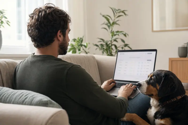 Ein Besitzer sitzt mit Laptop auf dem Sofa, während ein Berner Laufhund neben ihm entspannt, die Versicherungssituation wird durch die neutrale Vergleichsoberfläche visualisiert.